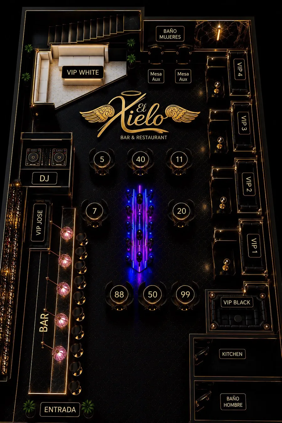 Xielo Lounge VIP seating and floor plan map